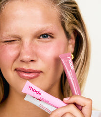 anna with peptide lip tint salty tan, jelly bean, peptide lip treatment strawberry glaze
