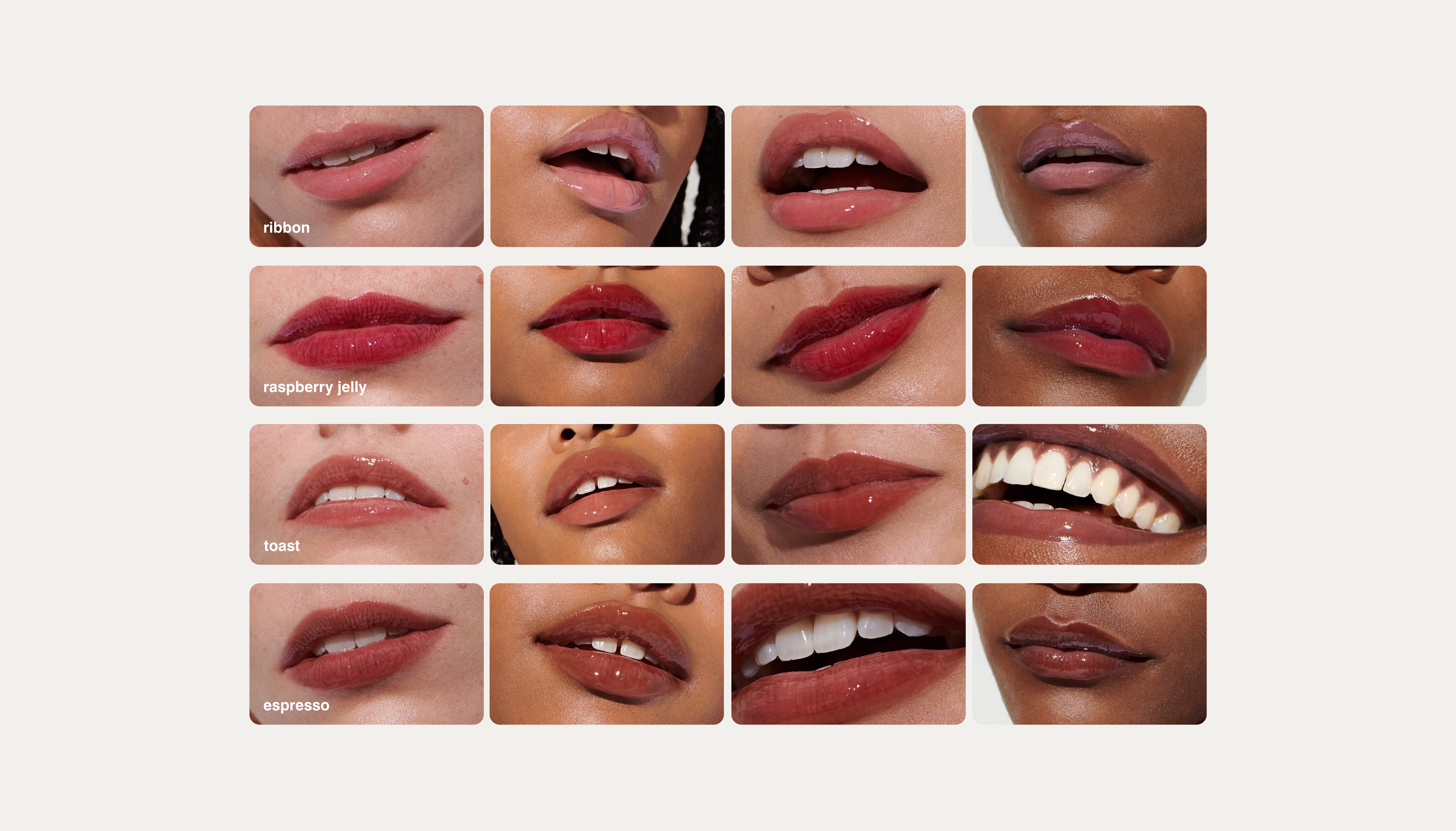 All 4 shades of Peptide Lip Tint on 4 different models - in shades Ribbon, Toast, Raspberry Jelly, and Espresso 