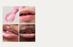 a grid of three models, each wearing peptide lip tint in jelly bean + an image of applicator with lip tint squeezing out