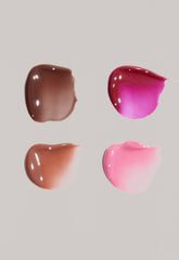 a swatch of all 4 peptide lip tints - in shades espresso, ribbon, raspberry jelly, toast