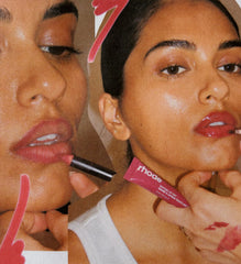 Model wears Peptide Lip Tint in shade Raspberry Jelly