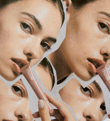 Model wears Peptide Lip Tint in shade Toast