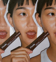 Model wears Peptide Lip Tint in shade Espresso