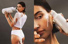 split image of Hailey Bieber: to the left, Hailey is pouring Glazing Milk on body; to the right, Hailey is pouring Glazing Milk on face