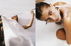split image of Hailey Bieber: to the left, Hailey is holding up a white fabric; to the right, Hailey is soaking in a bath of Glazing Milk
