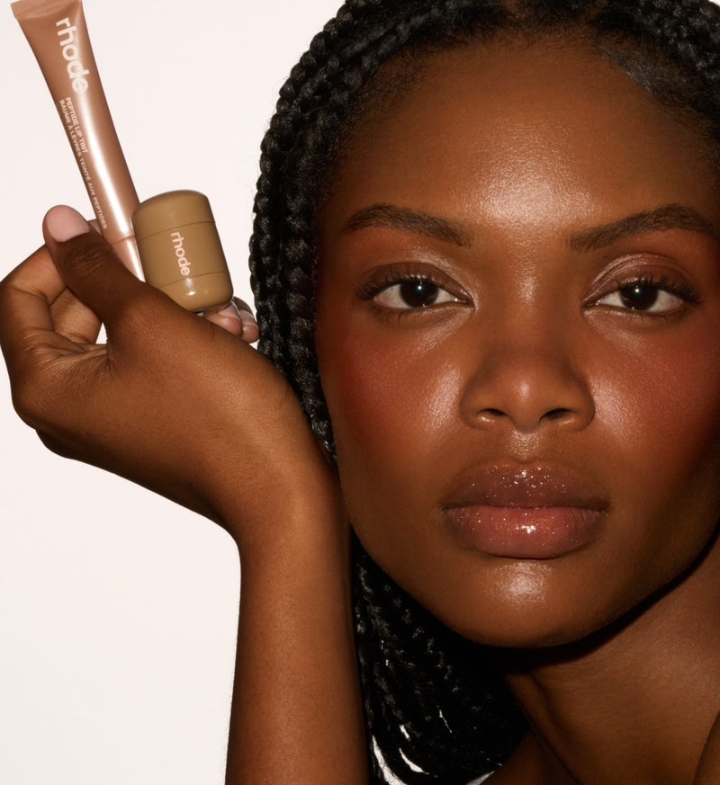 model with peptide lip tint sweet apple, pocket pearl