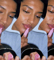 a collage of model applying peptide lip tint in jelly bean on lips