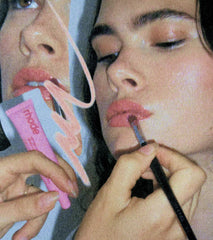 a collage of model wearing peptide lip tint in jelly bean on lips