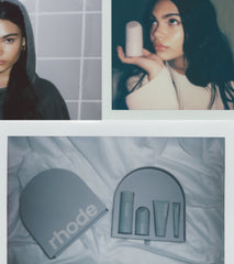 a collage of the rhode kit and Ariana Greenblatt holding the peptide glazing fluid