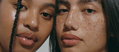 two models with dewy skin wearing peptide glazing fluid