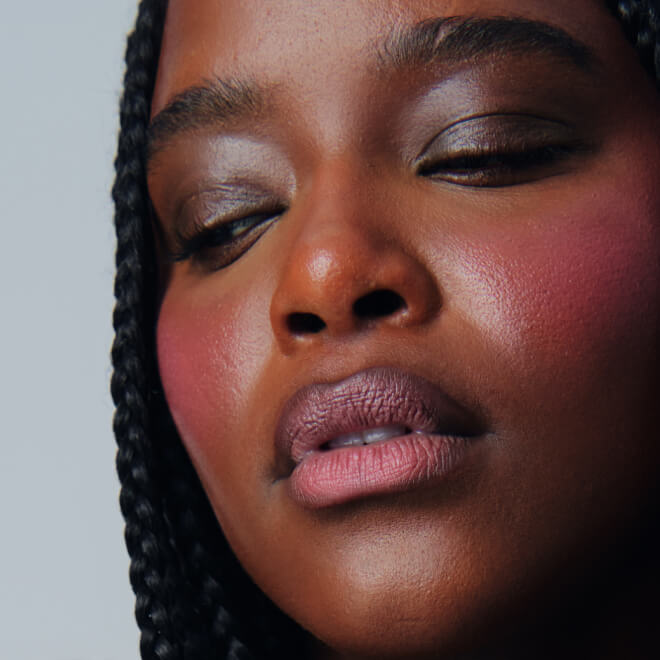 model wears pocket blush in juice box