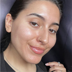 Angela C with glazed skin, wearing barrier restore cream