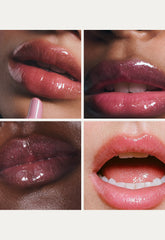 Collage of four close-up images of lips with wearing peptide lip tint in pretzel