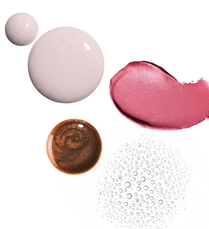 swatch of highlight milk, pocket pearl, peptide lip tint sweet apple, glazing mist