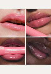 Collage of four close-up images of lips with wearing peptide lip tint in sweet pea