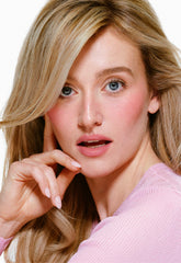 sarah pidgeon wears peptide lip tint in sweet pea and pocket blush in teacup